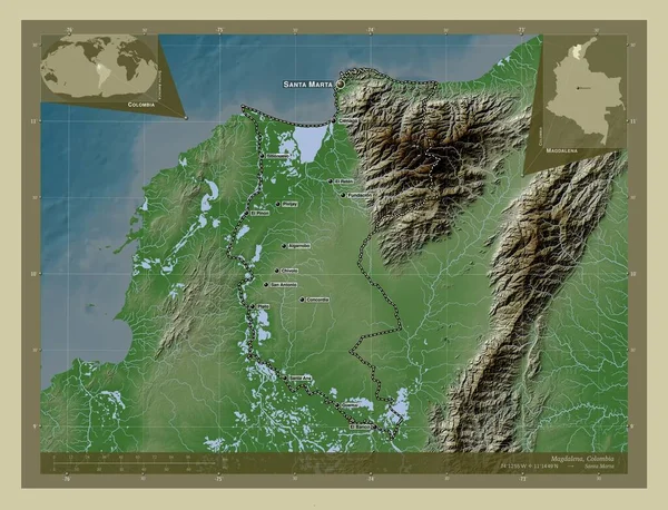 Magdalena Departamento Colombia Mapa Elevación Coloreado Estilo Wiki Con Lagos — Foto de Stock