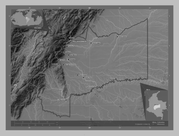 Meta Departament Kolumbii Mapa Wzniesień Skali Szarości Jeziorami Rzekami Lokalizacje — Zdjęcie stockowe
