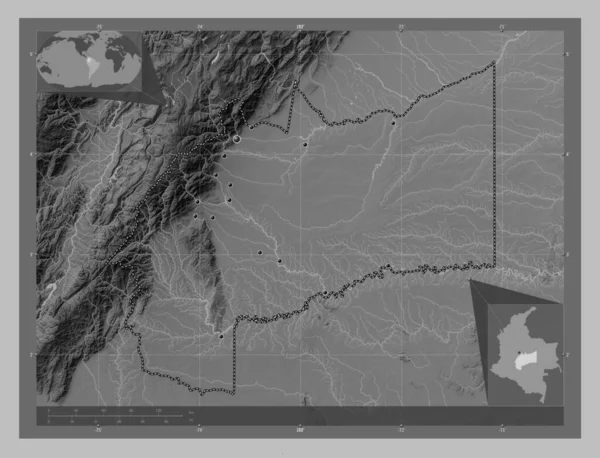 Мета Департамент Колумбії Граймасштабна Мапа Висот Озерами Річками Розташування Великих — стокове фото