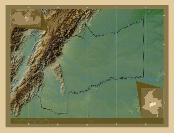 Meta Kolumbia Megye Színes Domborzati Térkép Tavakkal Folyókkal Saroktérképek Kiegészítő — Stock Fotó