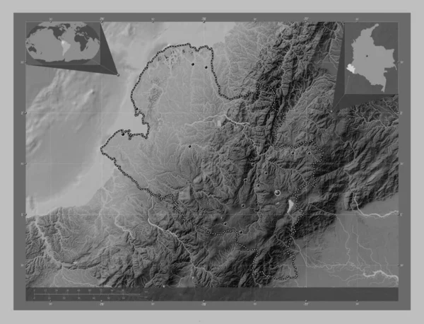 Narino Departement Kolumbien Graustufen Höhenkarte Mit Seen Und Flüssen Standorte — Stockfoto