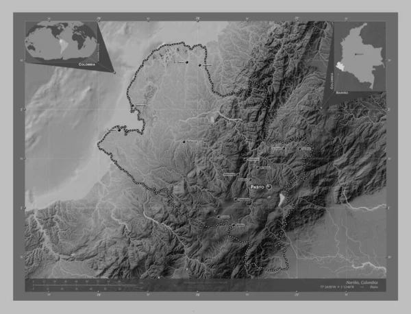 Narino Departement Kolumbien Graustufen Höhenkarte Mit Seen Und Flüssen Orte — Stockfoto