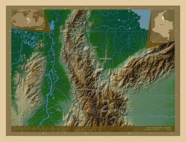 Norte Santander Departament Kolumbii Kolorowa Mapa Wzniesień Jeziorami Rzekami Lokalizacje — Zdjęcie stockowe