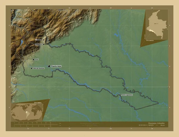 Putumayo Intendencia Colombia Mapa Elevación Colores Con Lagos Ríos Ubicaciones — Foto de Stock