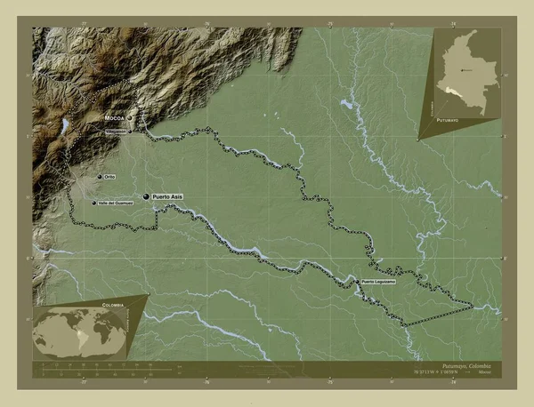 Putumayo, intendancy of Colombia. Elevation map colored in wiki style with lakes and rivers. Locations and names of major cities of the region. Corner auxiliary location maps