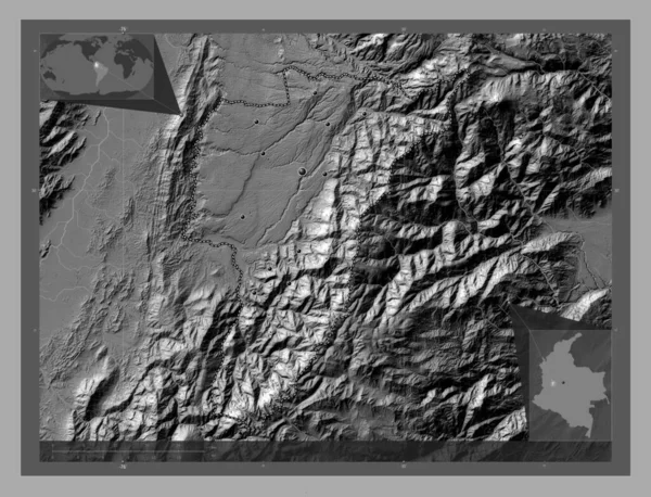 Quindio Departament Kolumbii Dwupoziomowa Mapa Jeziorami Rzekami Lokalizacje Dużych Miast — Zdjęcie stockowe