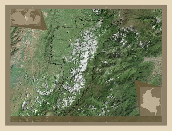 Quindio Τμήμα Κολομβίας Υψηλής Ανάλυσης Δορυφορικός Χάρτης Τοποθεσίες Μεγάλων Πόλεων — Φωτογραφία Αρχείου
