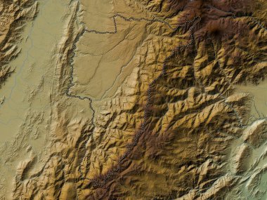 Quindio, Kolombiya Departmanı. Gölleri ve nehirleri olan renkli yükseklik haritası