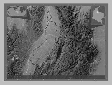 Santander, Kolombiya Bölümü. Gölleri ve nehirleri olan gri tonlama yükseklik haritası. Bölgenin büyük şehirlerinin yerleri. Köşedeki yedek konum haritaları