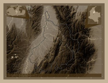 Santander, Kolombiya Bölümü. Yükseklik haritası sepya tonlarında göller ve nehirlerle renklendirilmiş. Bölgenin büyük şehirlerinin yerleri. Köşedeki yedek konum haritaları