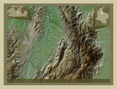 Santander, Kolombiya Bölümü. Yükseklik haritası göller ve nehirlerle wiki tarzında renklendirilmiş. Bölgenin büyük şehirlerinin yerleri. Köşedeki yedek konum haritaları