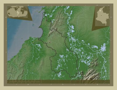 Sucre, Kolombiya Departmanı. Yükseklik haritası göller ve nehirlerle wiki tarzında renklendirilmiş. Köşedeki yedek konum haritaları