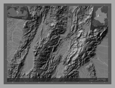Tolima, Kolombiya Bölümü. Göllü ve nehirli çift katlı yükseklik haritası. Bölgenin büyük şehirlerinin yerleri ve isimleri. Köşedeki yedek konum haritaları