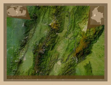 Tolima, Kolombiya Bölümü. Düşük çözünürlüklü uydu. Köşedeki yedek konum haritaları