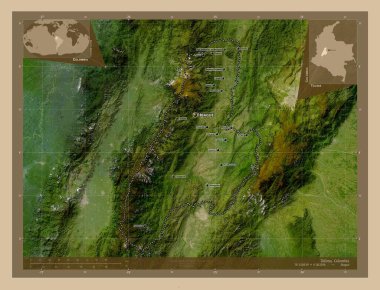 Tolima, Kolombiya Bölümü. Düşük çözünürlüklü uydu. Bölgenin büyük şehirlerinin yerleri ve isimleri. Köşedeki yedek konum haritaları