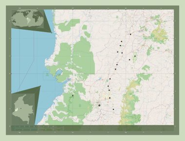Valle del Cauca, Kolombiya Departmanı. Açık Sokak Haritası. Bölgenin büyük şehirlerinin yerleri. Köşedeki yedek konum haritaları