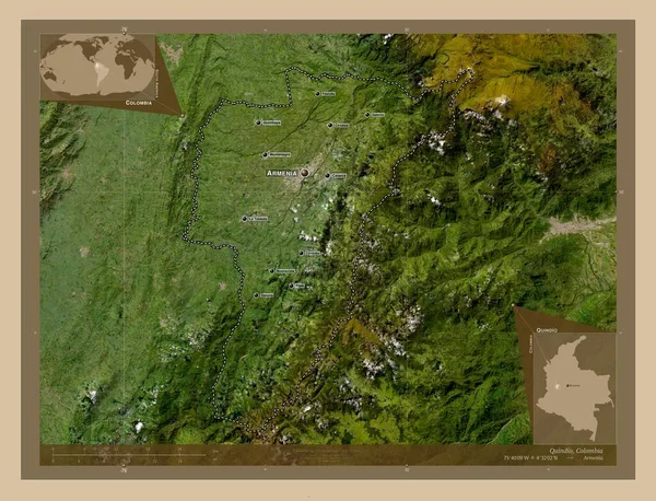 Quindio 哥伦比亚省 低分辨率卫星地图 该区域主要城市的地点和名称 角辅助位置图 — 图库照片