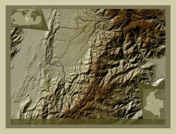 Quindio Oddělení Kolumbie Zdvihová Mapa Zbarvená Stylu Wiki Jezery Řekami — Stock fotografie