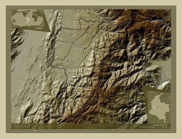 Квиндио Департамент Колумбии Карта Высоты Окрашенная Вики Стиле Озерами Реками — стоковое фото