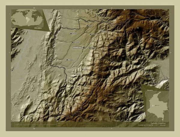 Quindio Oddělení Kolumbie Zdvihová Mapa Zbarvená Stylu Wiki Jezery Řekami — Stock fotografie