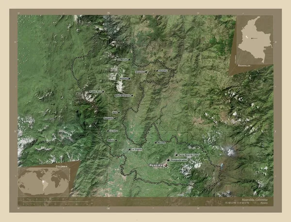 コロンビアのリサルダだ 高解像度衛星地図 地域の主要都市の位置と名前 コーナー補助位置図 — ストック写真