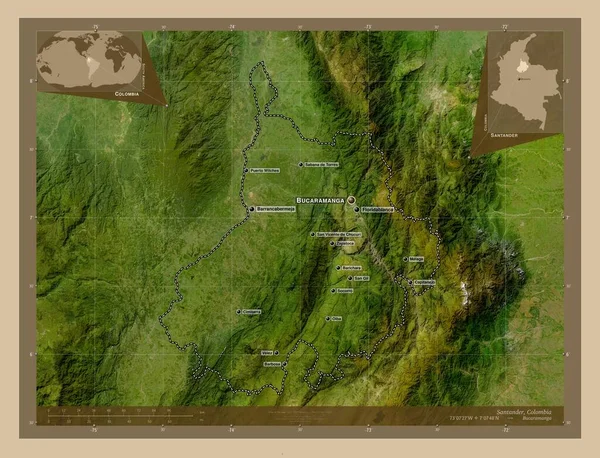コロンビアのサンタンデールだ 低解像度衛星地図 地域の主要都市の位置と名前 コーナー補助位置図 — ストック写真