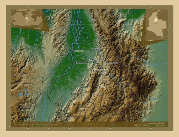 Сантандер Департамент Колумбии Цветная Карта Высоты Озерами Реками Места Названия — стоковое фото