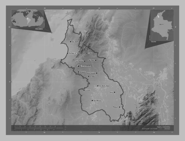 Sucre Departament Kolumbii Mapa Wzniesień Skali Szarości Jeziorami Rzekami Lokalizacje — Zdjęcie stockowe