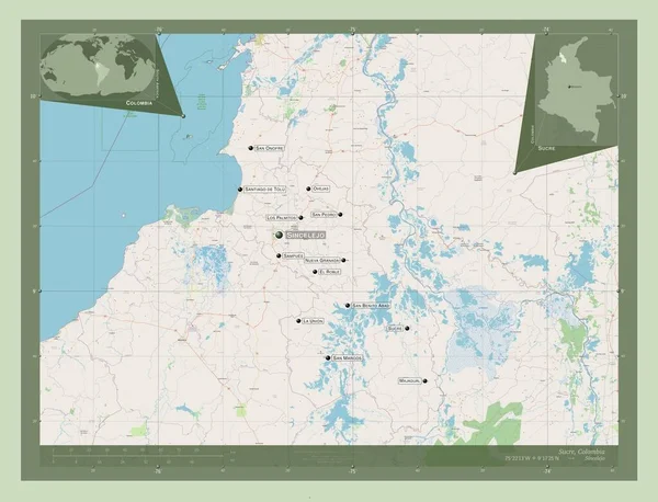 Sucre Departament Kolumbii Otwórz Mapę Ulic Lokalizacje Nazwy Głównych Miast — Zdjęcie stockowe
