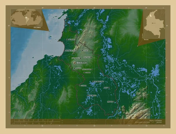 スクレー コロンビアの部署だ 湖や川と色の標高マップ 地域の主要都市の位置と名前 コーナー補助位置図 — ストック写真