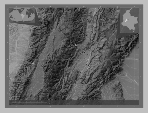Tolima Department Colombia Grayscale Elevation Map Lakes Rivers Locations Major — Stock Photo, Image