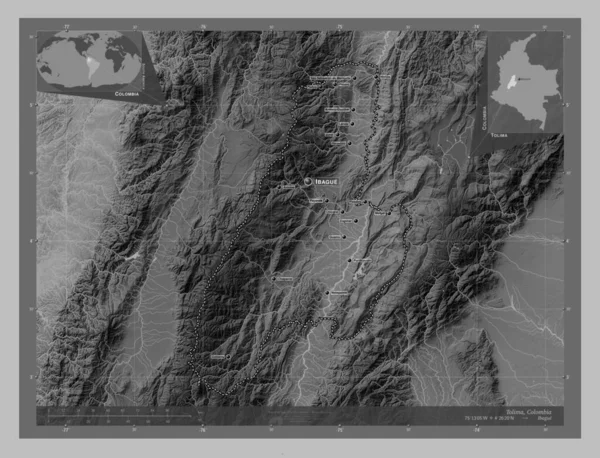 Толіма Департамент Колумбії Граймасштабна Мапа Висот Озерами Річками Місця Розташування — стокове фото