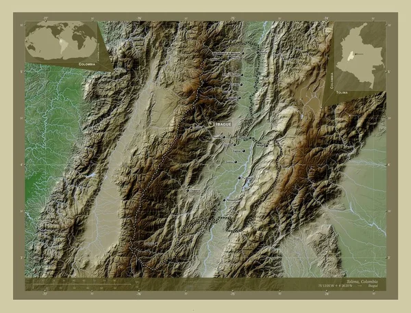 Tolima Kolombiya Bölümü Yükseklik Haritası Göller Nehirlerle Wiki Tarzında Renklendirilmiş — Stok fotoğraf