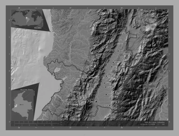 コロンビアのヴァレ カウカ県出身 湖や川と二階の標高マップ 地域の主要都市の位置と名前 コーナー補助位置図 — ストック写真