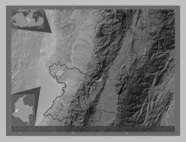 コロンビアのヴァレ カウカ県出身 湖や川とグレースケールの標高マップ 地域の主要都市の場所 コーナー補助位置図 — ストック写真