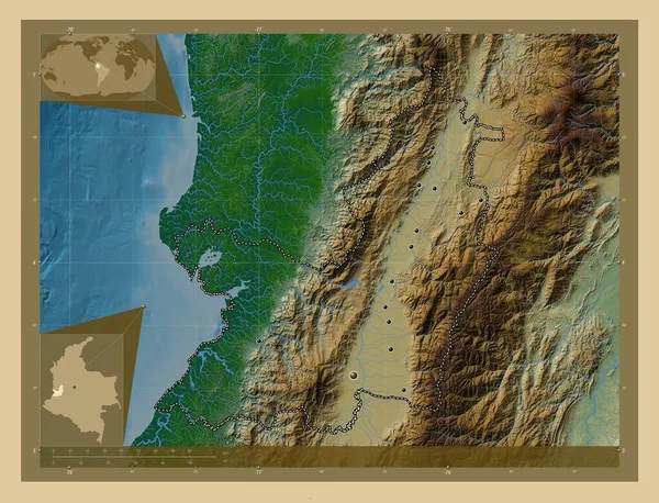 考卡山谷 哥伦比亚省 有湖泊和河流的彩色高程图 该区域主要城市的所在地点 角辅助位置图 — 图库照片