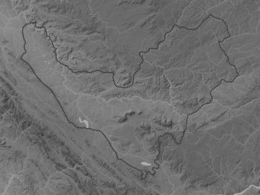 Bouenza, Kongo Cumhuriyeti bölgesi. Gölleri ve nehirleri olan gri tonlama yükseklik haritası