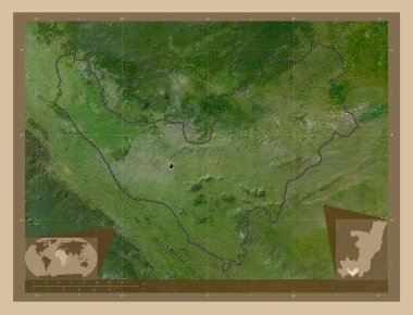 Bouenza, Kongo Cumhuriyeti bölgesi. Düşük çözünürlüklü uydu. Bölgenin büyük şehirlerinin yerleri. Köşedeki yedek konum haritaları