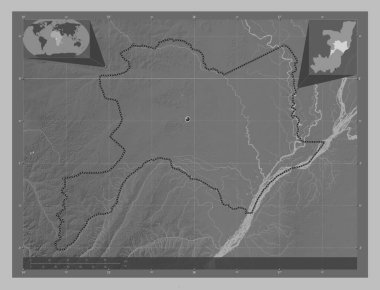 Cuvette, Kongo Cumhuriyeti bölgesi. Gölleri ve nehirleri olan gri tonlama yükseklik haritası. Köşedeki yedek konum haritaları