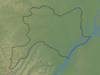 Cuvette, Kongo Cumhuriyeti bölgesi. Gölleri ve nehirleri olan renkli yükseklik haritası