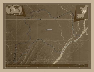 Cuvette, Kongo Cumhuriyeti bölgesi. Yükseklik haritası sepya tonlarında göller ve nehirlerle renklendirilmiş. Bölgenin büyük şehirlerinin yerleri ve isimleri. Köşedeki yedek konum haritaları