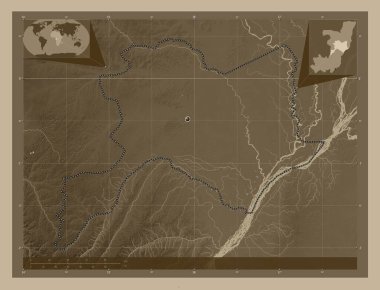 Cuvette, Kongo Cumhuriyeti bölgesi. Yükseklik haritası sepya tonlarında göller ve nehirlerle renklendirilmiş. Köşedeki yedek konum haritaları