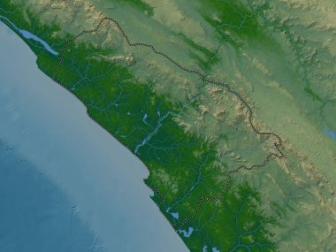 Kouilou, Kongo Cumhuriyeti bölgesi. Gölleri ve nehirleri olan renkli yükseklik haritası