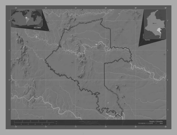 Vaupes Commissiary Colombia Bilevel Elevation Map Lakes Rivers Locations Names — Stock Photo, Image