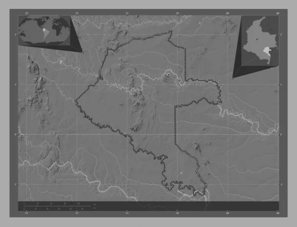 Vaupes Kolumbia Megbízottja Kétszintes Domborzati Térkép Tavakkal Folyókkal Saroktérképek Kiegészítő — Stock Fotó