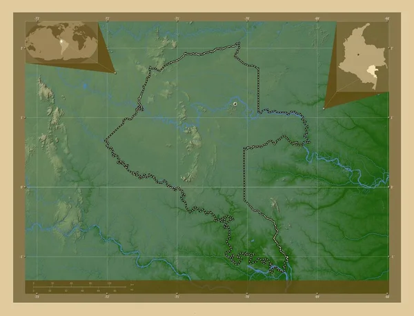 Вопы Комиссар Колумбии Цветная Карта Высоты Озерами Реками Вспомогательные Карты — стоковое фото