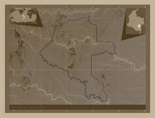 Vaupes Beauftragter Kolumbiens Höhenkarte Sepiatönen Mit Seen Und Flüssen Eck — Stockfoto