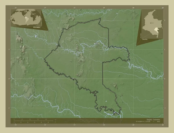 Vaupes 哥伦比亚共济会 用Wiki风格绘制的带有湖泊和河流的高程地图 该区域主要城市的地点和名称 角辅助位置图 — 图库照片