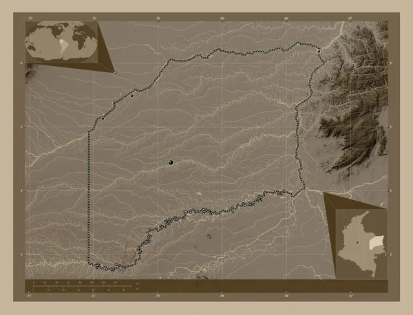 Vichada Commissiary Colombia Elevation Map Colored Sepia Tones Lakes Rivers — Stock Photo, Image