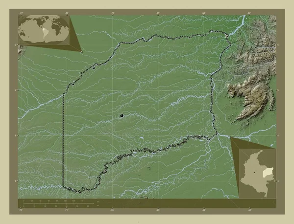Vichada哥伦比亚共济会成员用Wiki风格绘制的带有湖泊和河流的高程地图 该区域主要城市的所在地点 角辅助位置图 — 图库照片